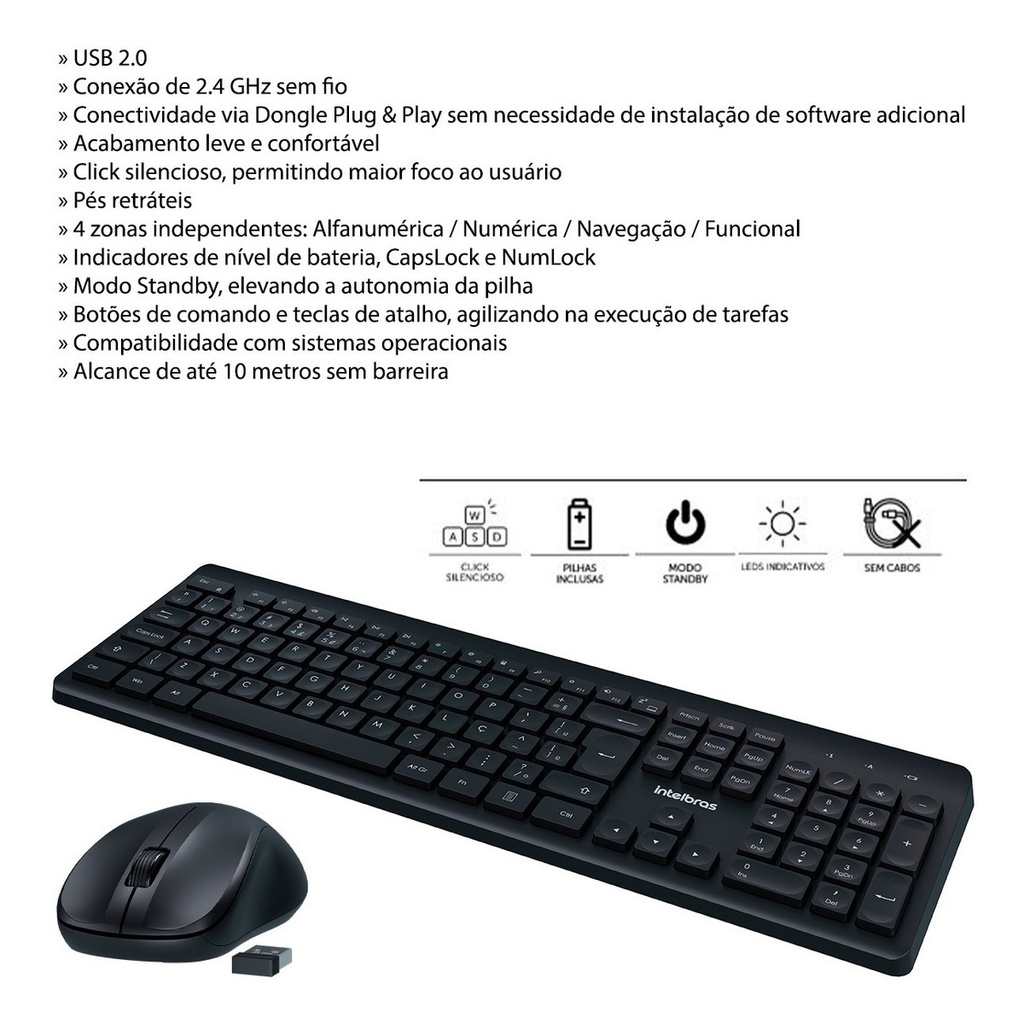 COMBO TECLADO E MOUSE INTELBRAS CSI50 SEM FIO PRETO