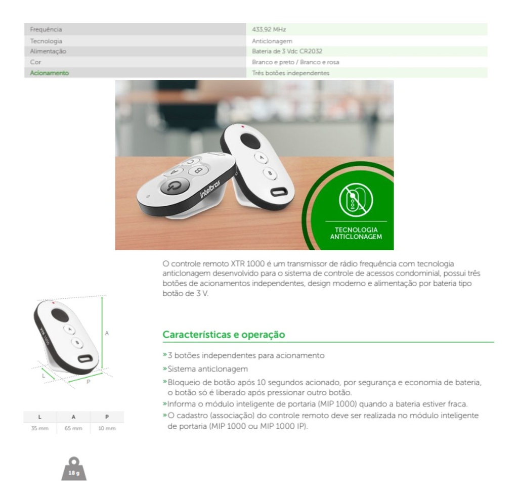 CONTROLE REMOTO CONDOMINIAL XTR 1000 BR/PT