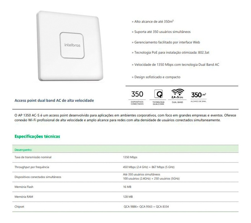 ROTEADOR ACCESS POINT CORPORATIVO S/FIO AP 1350 AC-S