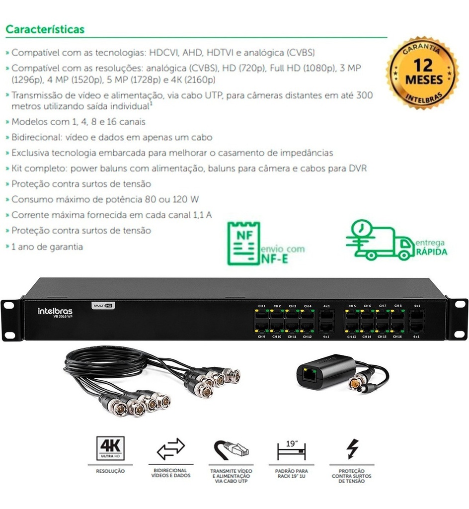 Power Conv. Est. Video Balun 16 canais VB 3016 WP