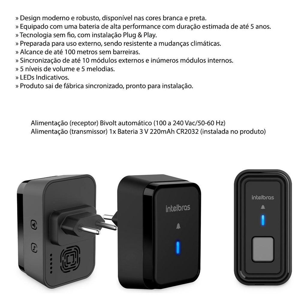 CAMPAINHA SEM FIO COM BATERIA CIB 101 PRETA