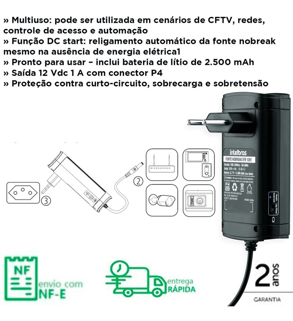 FONTE NOBREAK 12V 1A - EFB 1201 C/ BAT