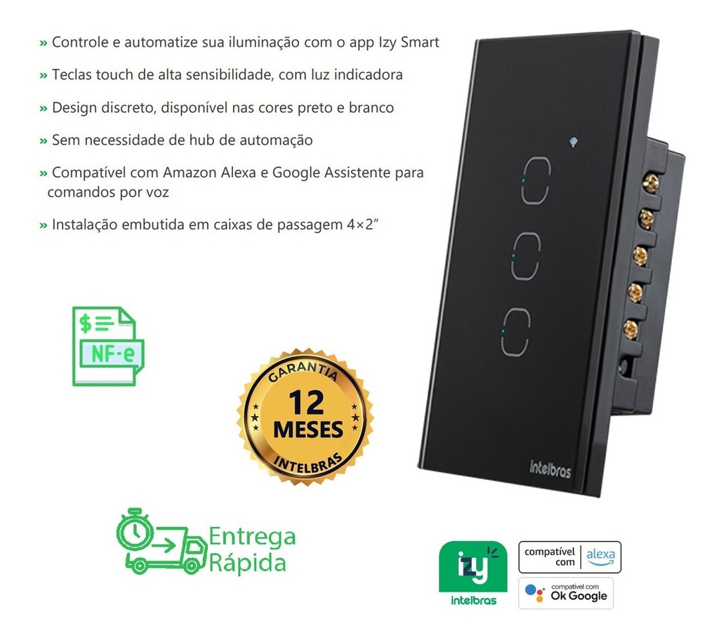 INTERRUPTOR SMART WIFI TOUCH 3 TECLAS EWS 1003 PRETO