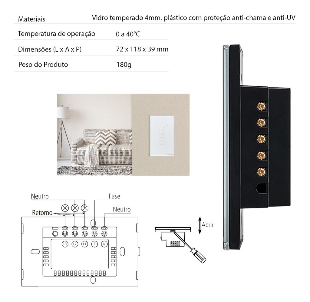 INTERRUPTOR SMART WIFI TOUCH 3 TECLAS EWS 1003 PRETO