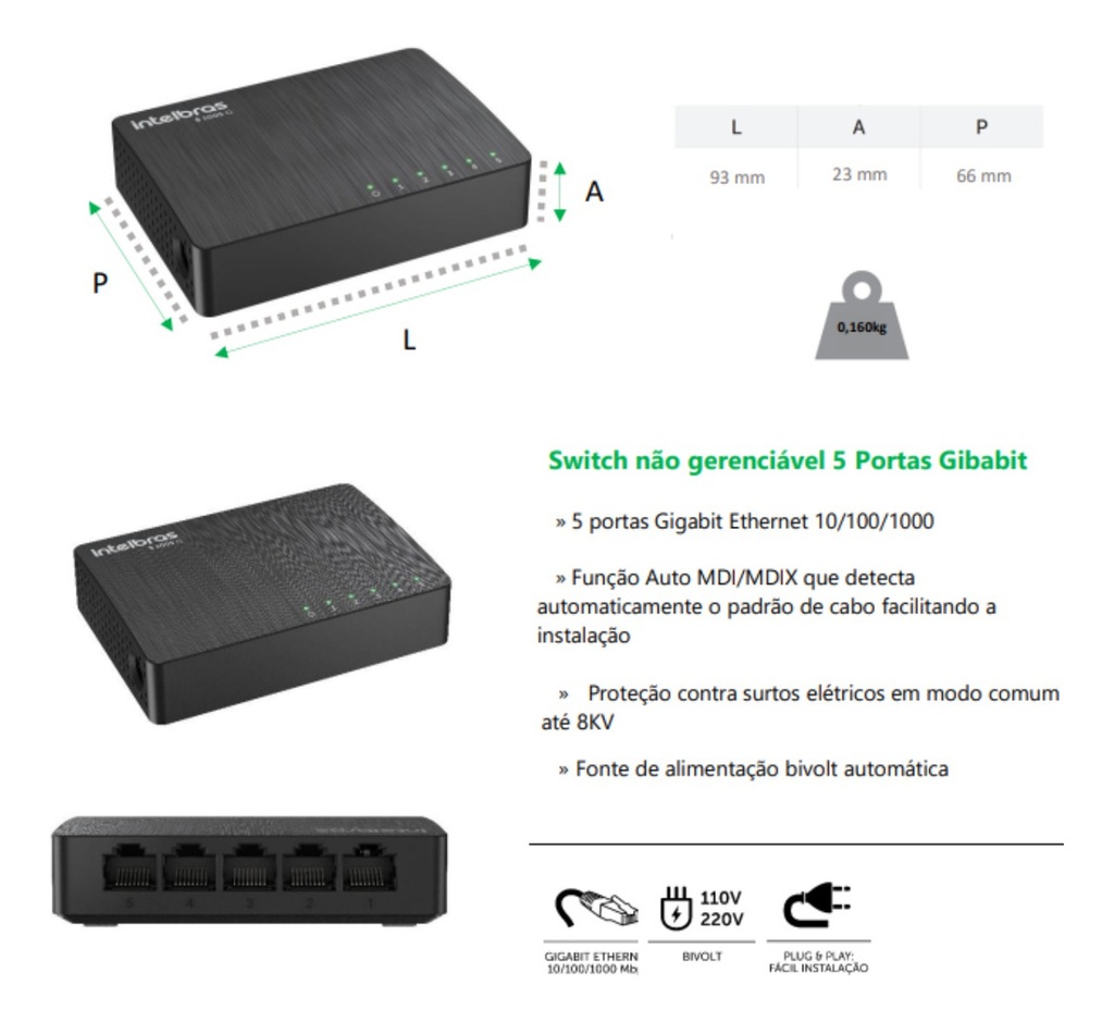 SWITCH NÃO GERENCIÁVEL 5 PORTAS S 1005 G