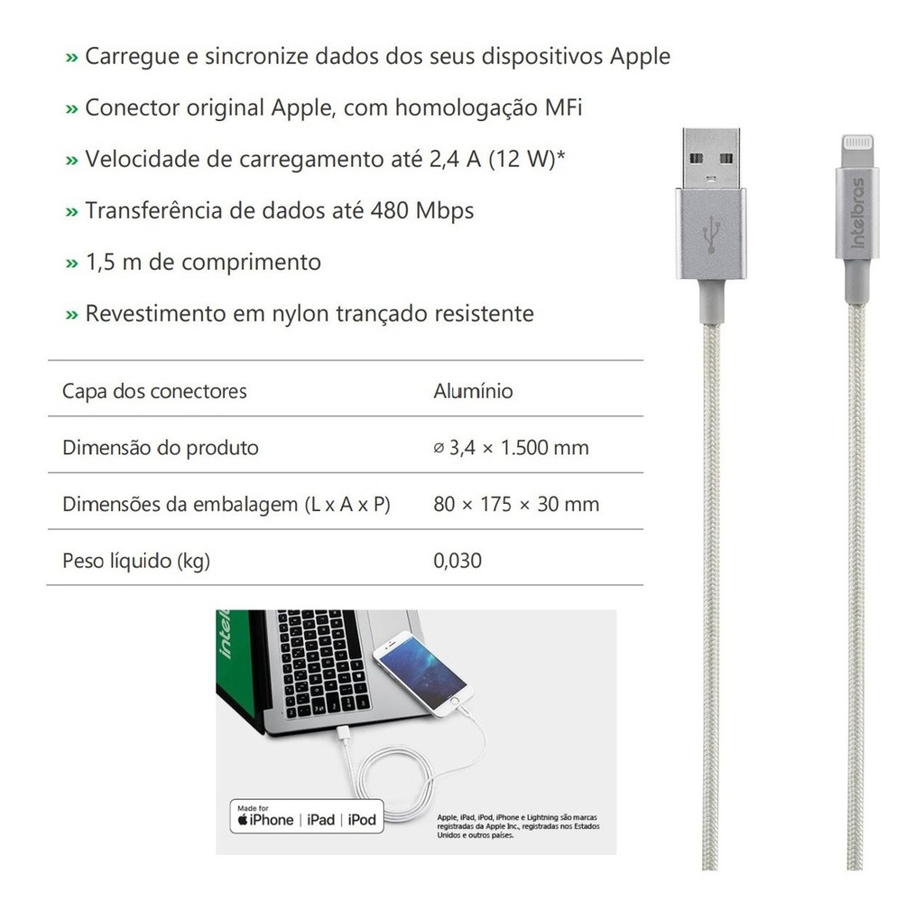 CABO IPHONE - NYLON BRANCO USB LIGHTNING 1.5M EUAL 15 NB