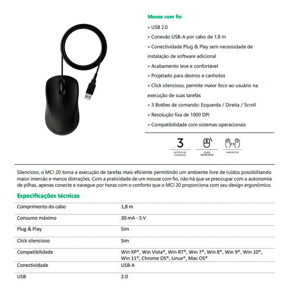 MOUSE INTELBRAS MCI20 -COM FIO PRETO