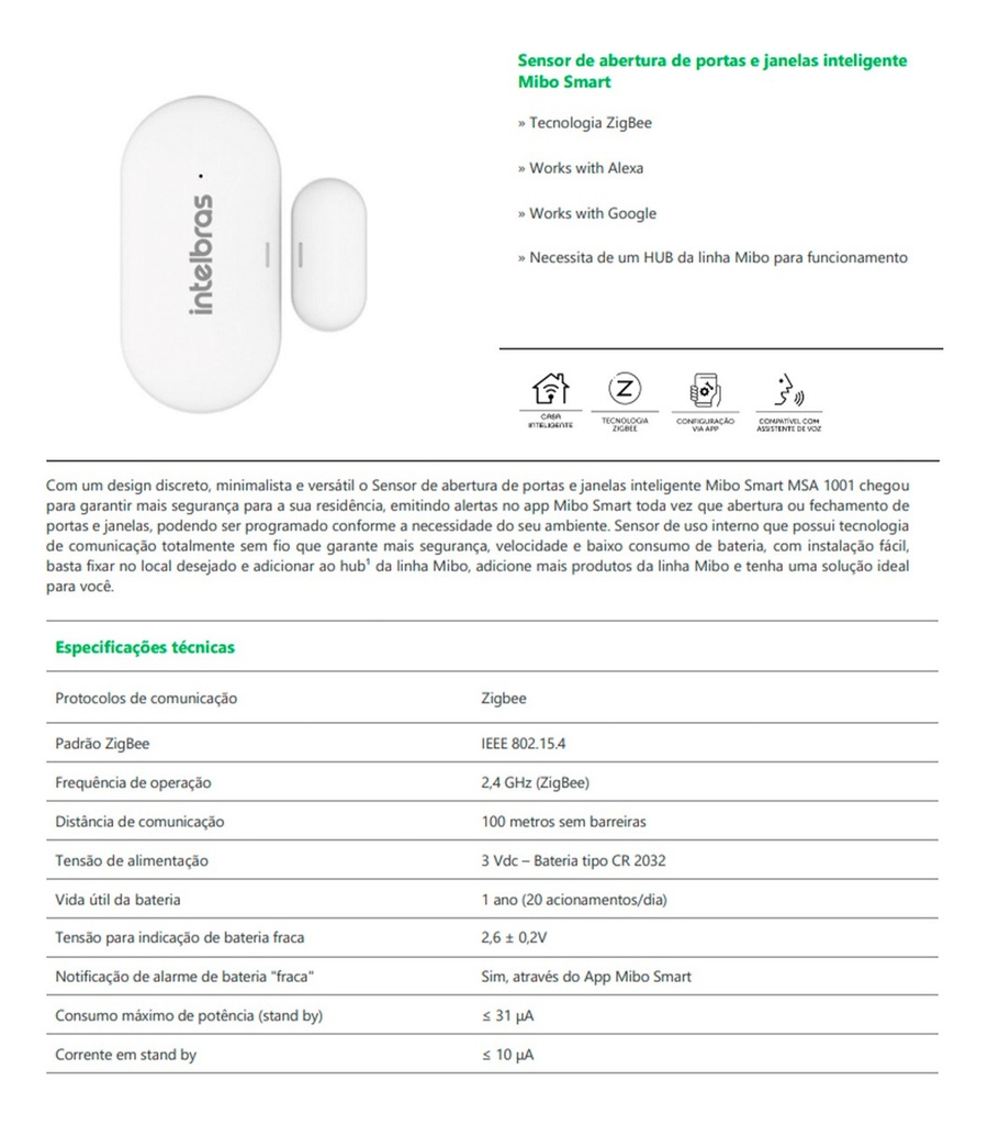 SENSOR DE ABERTURA MAGNÉTICO S/FIO PORTA/JANELA MSA 1001
